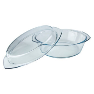 vas rotund cu capac și mânere laterale integrate din sticlă transparentă termorezistentă pentru gătit la cuptor