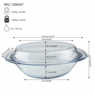 vas oval cu capac închis din sticlă borosilicată și informații despre dimensiuni și capacitate