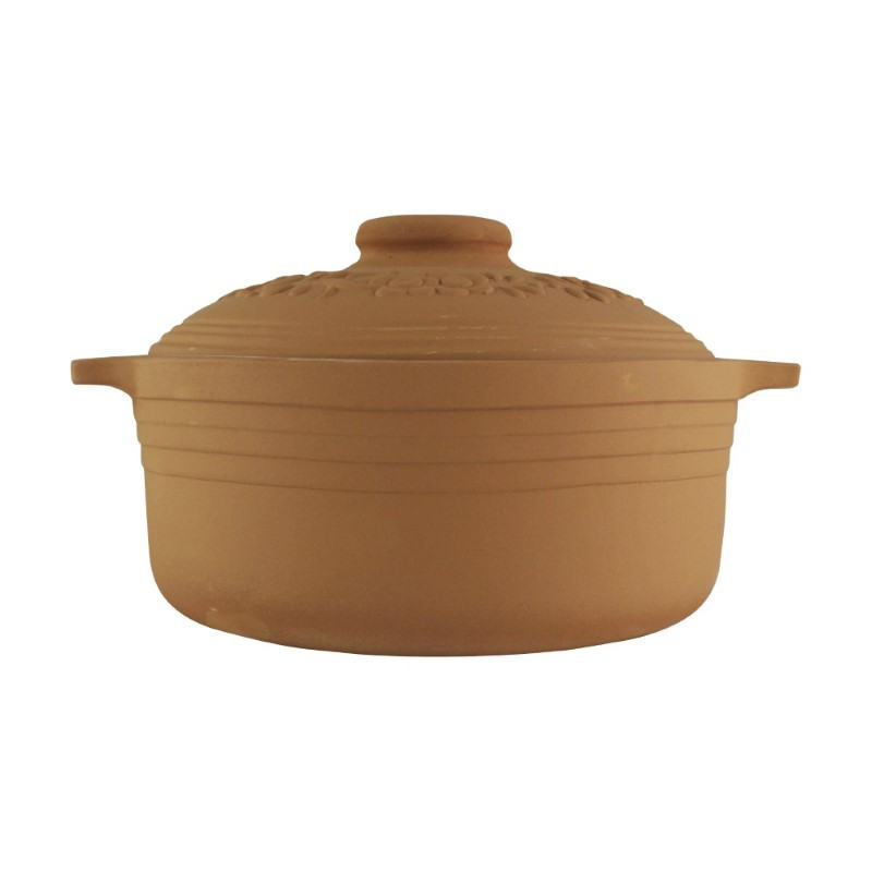 Vas rotund din lut cu capac, ideal pentru coacere lentă, distribuție uniformă a căldurii și preparate cu un gust autentic, 4L