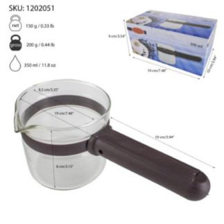 cană pentru cafetieră din sticlă termorezistentă cu mâner negru și informații despre ambalaj dimensiuni și capacitate