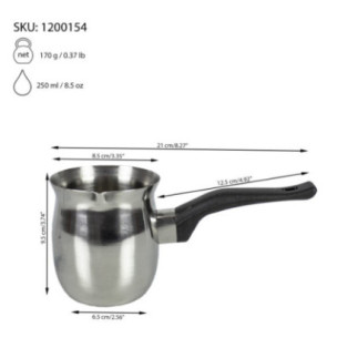 ibric din inox cu mâner ebonită și cu informații despre dimensiuni afișate vizual prin săgeți