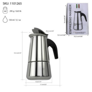 espresor clasic moka de aragaz din inox pentru 2 cești cu informații despre dimensiuni greutate și capacitate