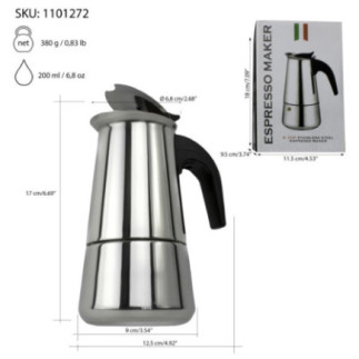 espresor clasic moka din inox pentru 4 cești cu specificații despre dimensiuni și capacitate