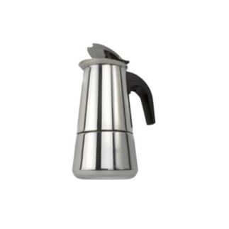 espresor clasic moka pentru aragaz din inox lucios cu mâner negru și capac semideschis