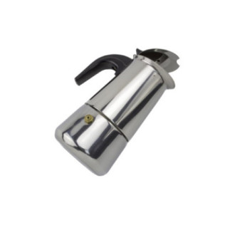 espresor pentru aragaz de 200 ml din inox argintiu și mâner negru încadrat oblic cu capacul semi-deschis