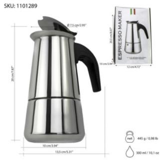 espresor clasic moka din inox pentru 6 cești de cafea preparată la aragaz cu specificații despre dimensiuni