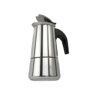 espresor clasic moka pentru aragaz din inox lucios cu mâner negru și capac semideschis