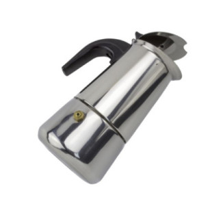 espresor pentru aragaz de 300 ml din inox argintiu și mâner negru încadrat oblic cu capacul semi-deschis