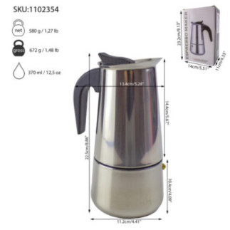 espresor pentru aragaz clasic moka din inox pentru 9 cești de cafea cu specificații despre dimensiuni