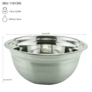 bol rotund din inox cu dimensiuni despre greutate și capacitate afișate prin săgeți