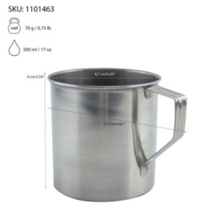 cană din oțel inoxidabil cu mâner și cu specificații despre capacitate și dimensiuni marcate prin săgeți