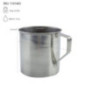 cană din oțel inoxidabil cu mâner și cu specificații despre capacitate și dimensiuni marcate prin săgeți