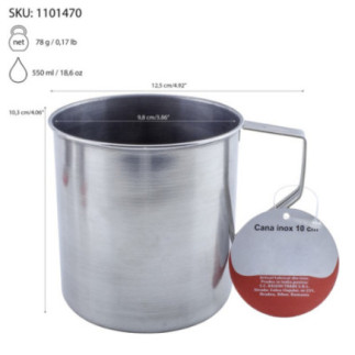 cană din inox cu specificații despre dimensiuni și capacitate