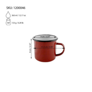 cană emailată de 360 ml roșie cu mâner și cu specificații despre dimensiuni și capacitate