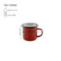 cană emailată de 360 ml roșie cu mâner și cu specificații despre dimensiuni și capacitate