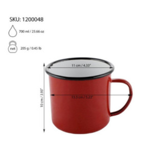 cană metalică smălțuită roșie cu mâner și informații despre dimensiuni și capacitate