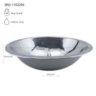 farfurie adâncă din inox 22 cm cu specificații despre capacitate și dimensiuni marcate prin săgeți