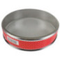 sită măruntă rotundă din inox pentru cernut întoarsă cu fundul în sus și cu etichetă roșie