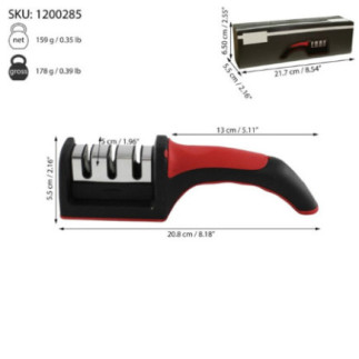 ascuțitor de cuțite cu 3 nivele de ascuțire și informații vizuale despre dimensiuni și greutate