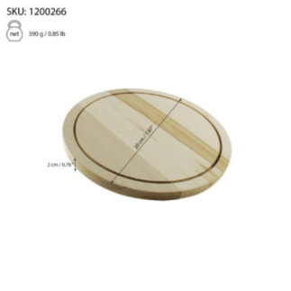 tocător alimente din lemn rotund de 20 cm cu informații despre dimensiuni și greutate trasate prin săgeți