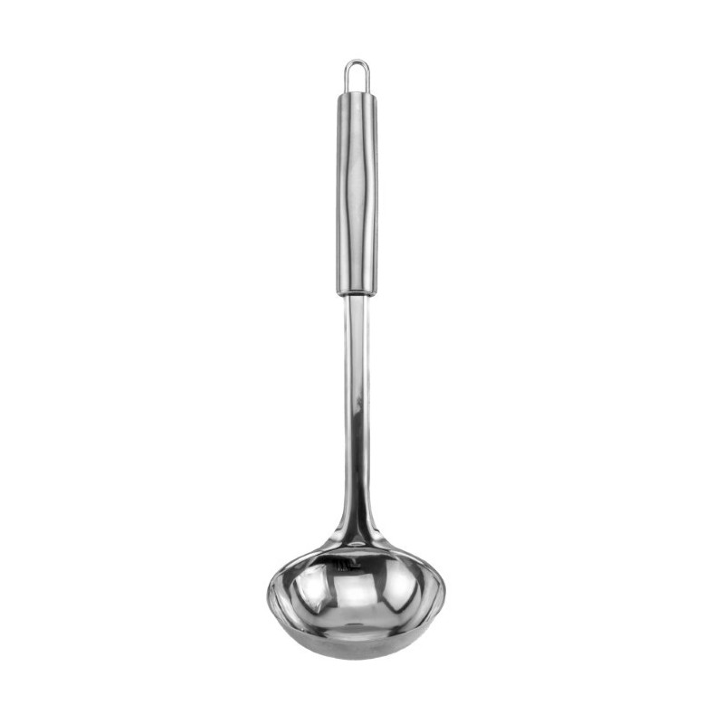 Polonic de bucătărie din inox, prevăzut cu mâner ergonomic și agățătoare practică, ideal pentru servit supe și ciorbe, 100 ml