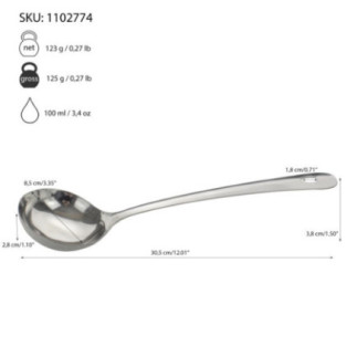 polonic din inox cu mâner plat și informații despre dimensiuni greutate și capacitate