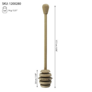 linguriță din lemn cu design special pentru servit miere cu informații despre dimensiuni și greutate