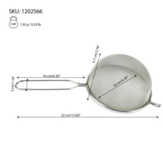 strecurătoare cu un mâner și sită deasă cu informații despre dimensiuni și greutate