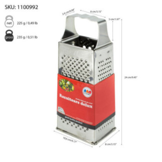 răzătoare cu patru fețe și mâner solid cu specificații despre greutate și dimensiuni