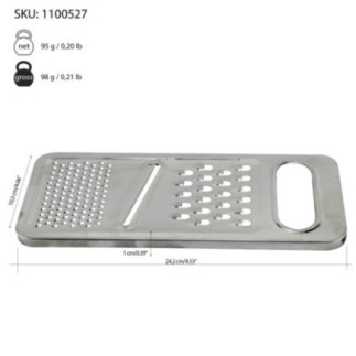 răzătoare de mână plată cu trei suprafețe de răzuit și informații despre dimensiuni marcate prin săgeți