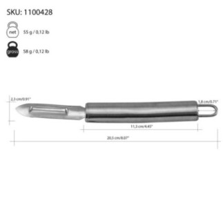 curățător de coajă de legume din inox cu informații despre dimensiuni și greutate