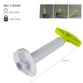feliator tubular din plastic pentru spiralat ananas alături de poze cu modul de operare și dimensiuni