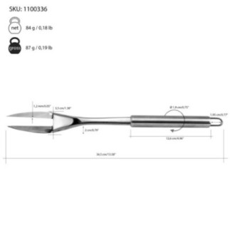 furculiță mare de bucătărie din inox cu dimensiuni trasate vizual prin săgeți