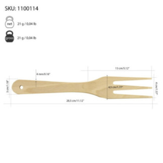 furculiță de bucătărie plată din lemn cu informații despre dimensiuni și greutate