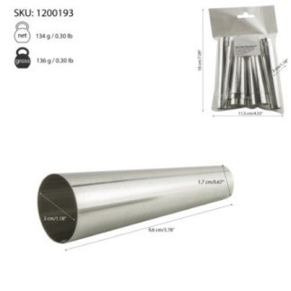 formă metalică conică rulou pentru prăjituri sau cannelloni cu informații despre dimensiuni și greutate
