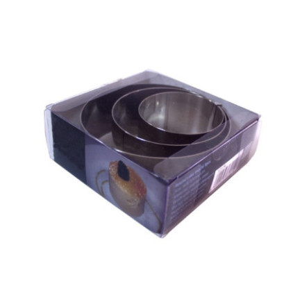 set de 3 inele culinare rotunde din inox în ambalaj cutie transparentă din plastic cu etichetă