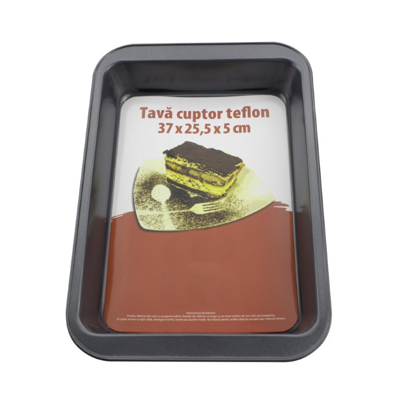 Tavă de copt dreptunghiulară, cu strat teflonat antiaderent, ideală pentru preparate coapte uniform, fără lipire, 37x25.5x5 cm