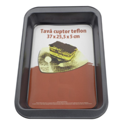 tavă de cuptor dreptunghiulară cu înveliș teflonat antiaderent cu etichetă colorată în interior