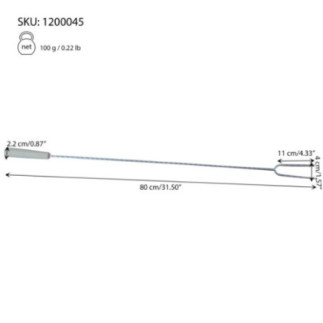 frigăruie metalică cu două vârfuri și mâner din lemn cu detalii despre dimensiuni