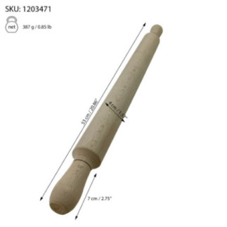 făcăleț din lemn pentru întins aluat cu informații despre greutate și dimensiuni reprezentate grafic prin săgeți