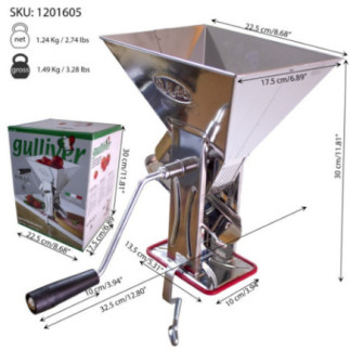 mașină de tocat roșii complet din inox alături de cutia în care este ambalată și dimensiunile produsului