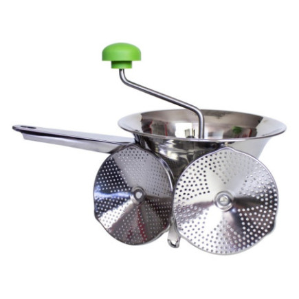 Pasator manual din inox, cu manivelă și 3 site interschimbabile de finețe diferită, pentru piureuri, pastă de roșii și gemuri