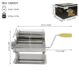 mașină din inox pentru întins și tăiat tăiței cu 3 forme și informații despre dimensiuni afișate prin săgeți