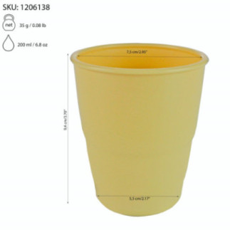 pahar galben din plastic rezistent cu informații despre dimensiuni, greutate și capacitate