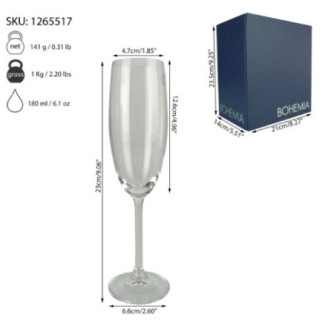 pahar pentru șampanie cu detalii despre ambalaj și dimensiuni marcate prin săgeți