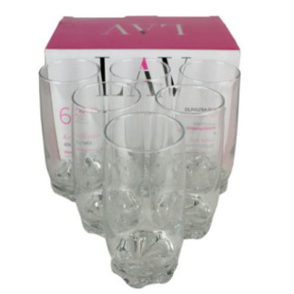 set de 6 pahare din sticlă pentru apă în fața cutiei în care sunt ambalate