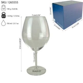 pahar bombat pentru vin roșu cu cutie ambalaj și dimensiuni trasate prin săgeți