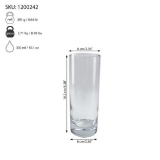 pahar tubular din sticlă înalt cu dimensiuni marcate și informații despre capacitate și greutate