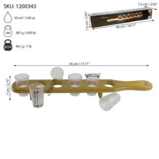 pahare mici pentru shot pe stativ de lemn și dimensiuni trasate prin săgeți