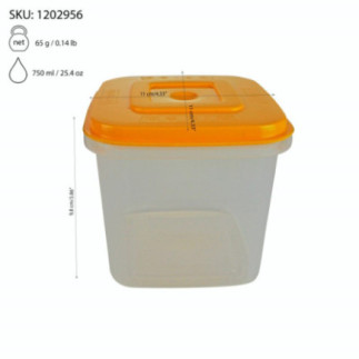 cutie pentru depozitat alimente din plastic cu capac și dimensiuni reprezentate prin săgeți